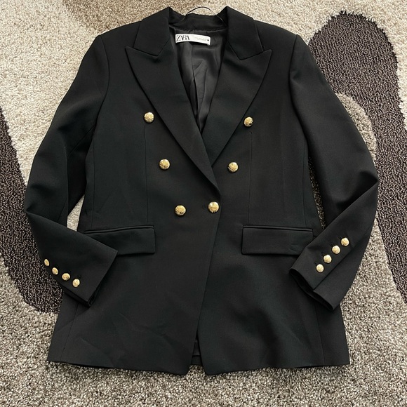 ZARA DOUBLE BREASTED BLACK BLAZER WITH GOLD BUTTONS - Picture 1 of 6